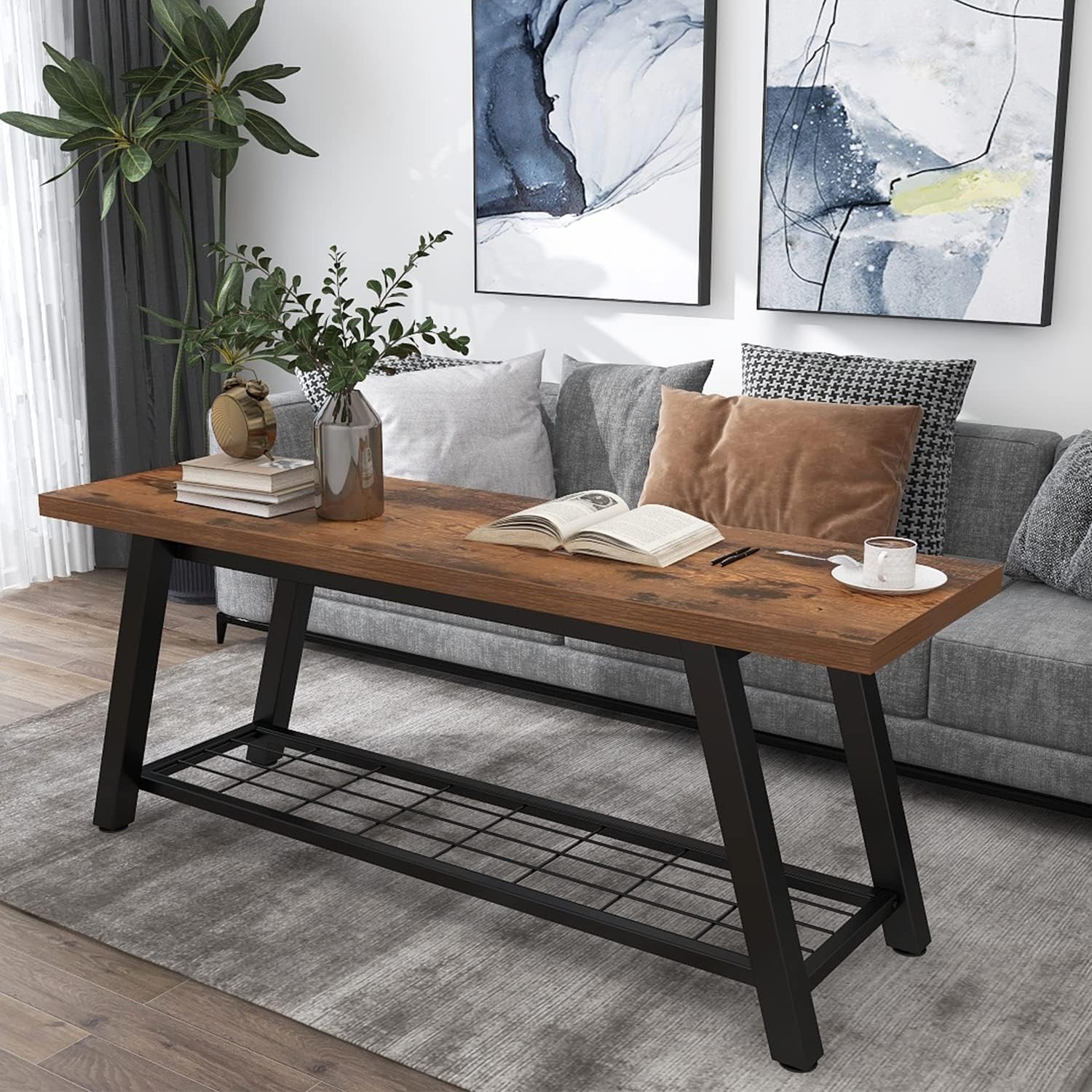 Storage Bench Industrial Rustic Wooden and Metal Entryway Shoe Boots Storage Rack Long Bench Seat for Hallway Bedroom Retro Brown Farmhouse Style - Grand Goldman