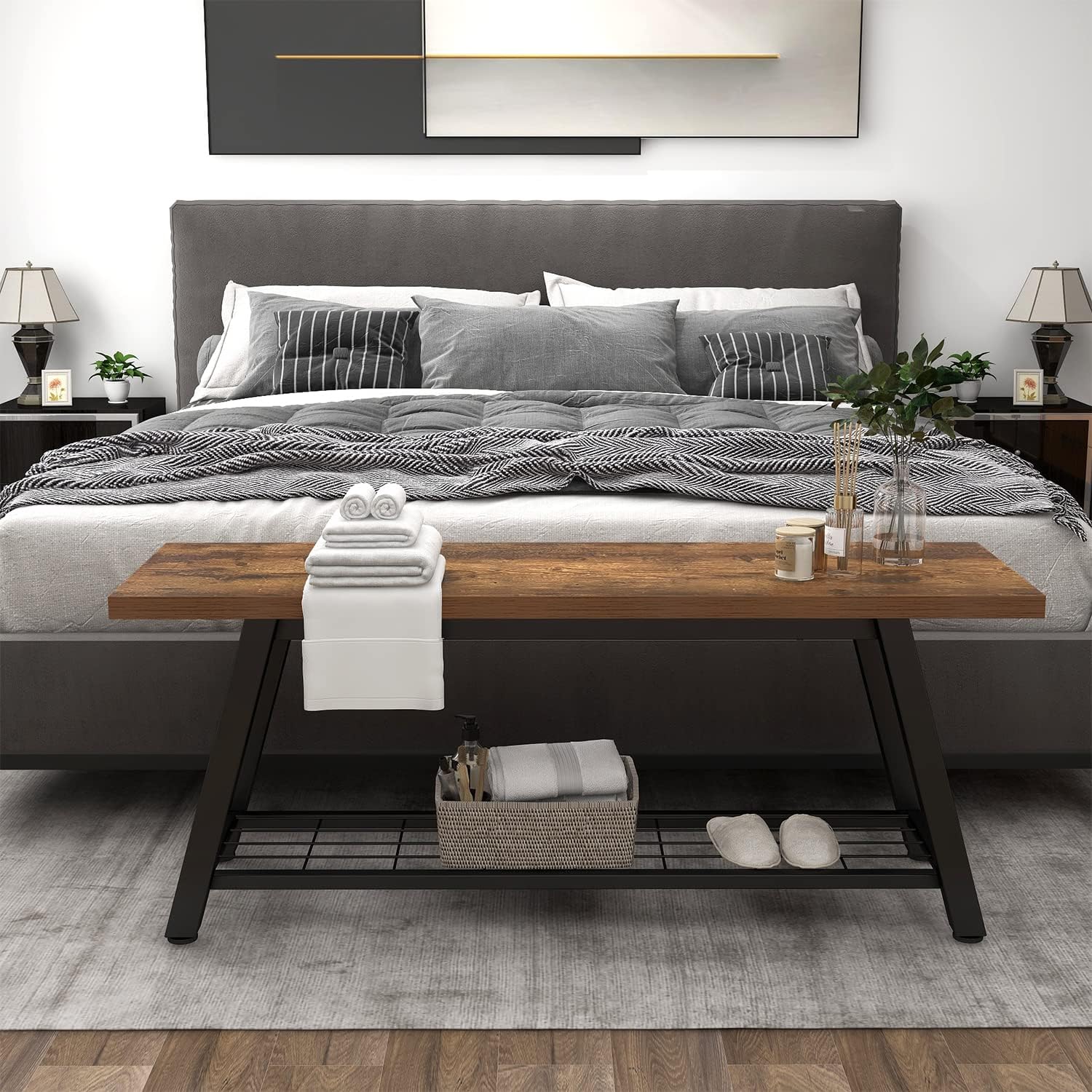 Storage Bench Industrial Rustic Wooden and Metal Entryway Shoe Boots Storage Rack Long Bench Seat for Hallway Bedroom Retro Brown Farmhouse Style - Grand Goldman