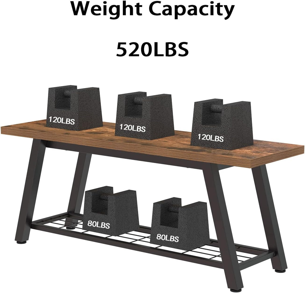 Storage Bench Industrial Rustic Wooden and Metal Entryway Shoe Boots Storage Rack Long Bench Seat for Hallway Bedroom Retro Brown Farmhouse Style - Grand Goldman