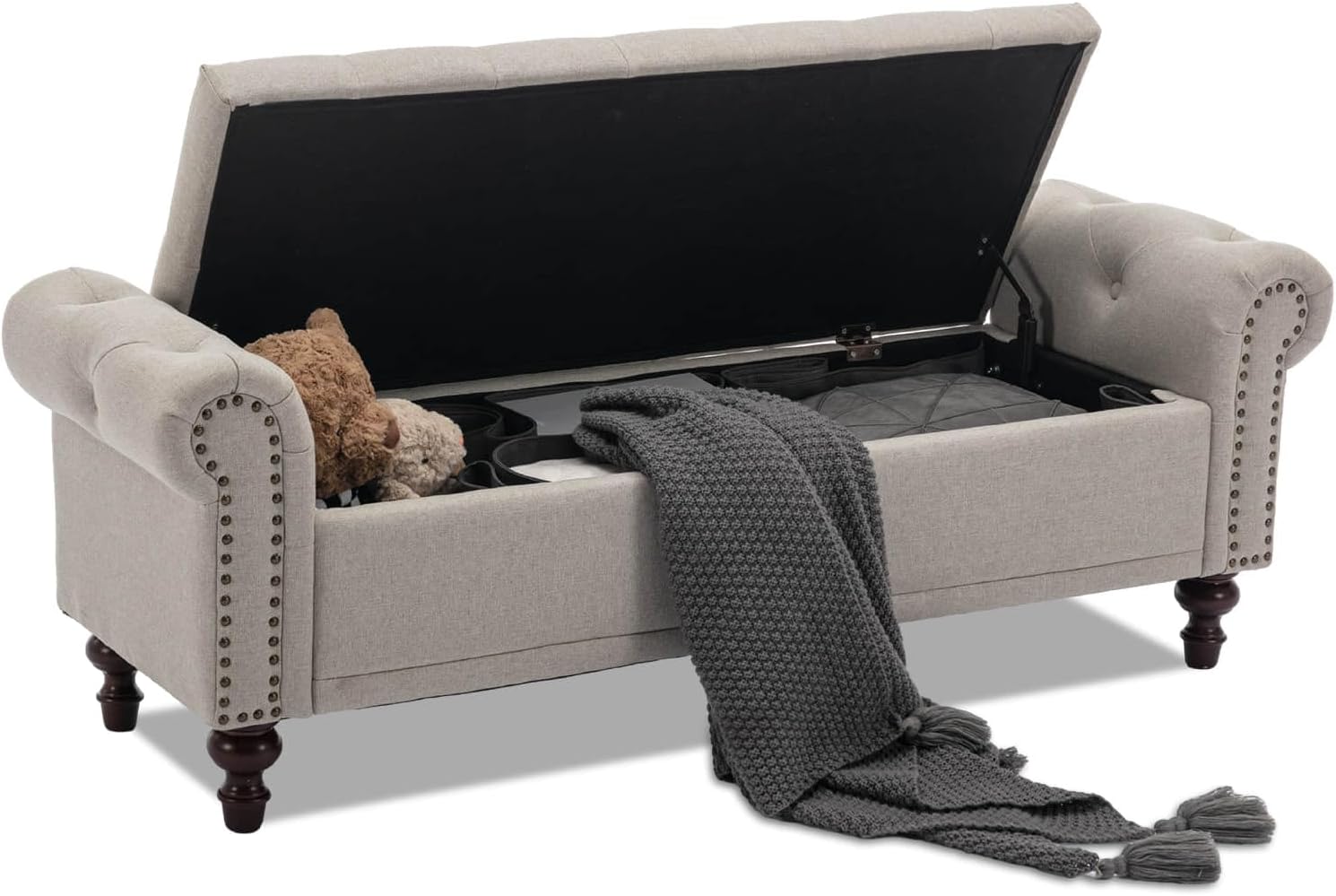 Storage Bench Upholstered Linen End of Bedroom Bed Bench Ottoman with Tufted Cushioned Rolled Arm Large Storage Space for Reading Living Room Entryway, Beige - Grand Goldman