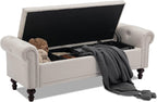 Storage Bench Upholstered Linen End of Bedroom Bed Bench Ottoman with Tufted Cushioned Rolled Arm Large Storage Space for Reading Living Room Entryway, Beige - Grand Goldman