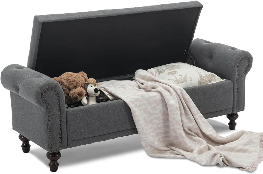 Storage Bench Upholstered Linen End of Bedroom Bed Bench Ottoman with Tufted Cushioned Rolled Arm Large Storage Space for Reading Living Room Entryway, Beige - Grand Goldman