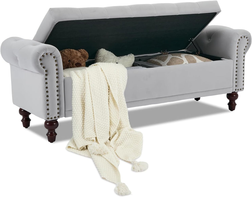 Storage Bench Upholstered Linen End of Bedroom Bed Bench Ottoman with Tufted Cushioned Rolled Arm Large Storage Space for Reading Living Room Entryway, Beige - Grand Goldman