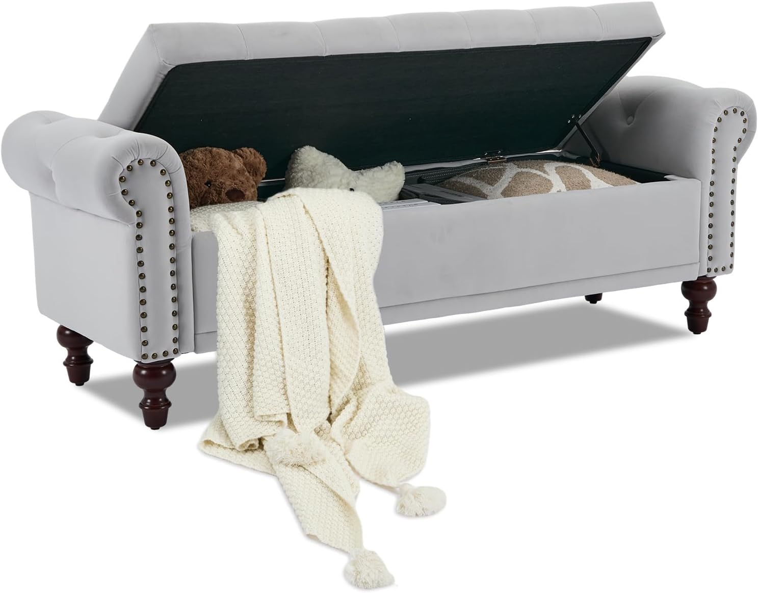 Storage Bench Upholstered Linen End of Bedroom Bed Bench Ottoman with Tufted Cushioned Rolled Arm Large Storage Space for Reading Living Room Entryway, Beige - Grand Goldman