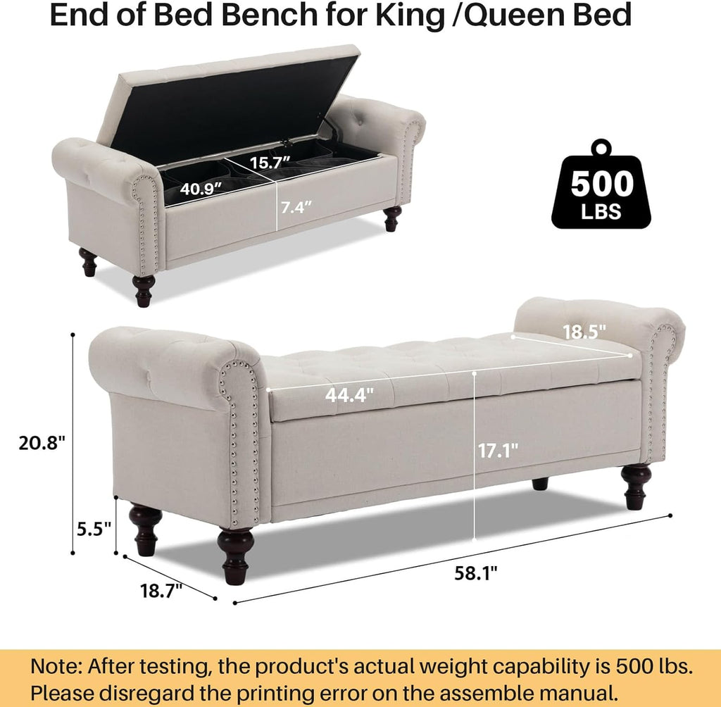 Storage Bench Upholstered Linen End of Bedroom Bed Bench Ottoman with Tufted Cushioned Rolled Arm Large Storage Space for Reading Living Room Entryway, Beige - Grand Goldman