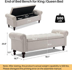 Storage Bench Upholstered Linen End of Bedroom Bed Bench Ottoman with Tufted Cushioned Rolled Arm Large Storage Space for Reading Living Room Entryway, Beige - Grand Goldman