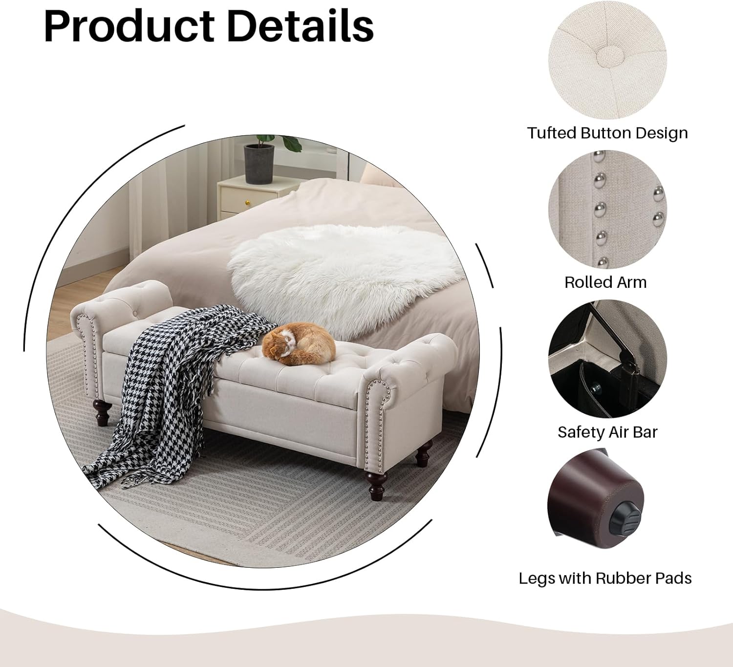 Storage Bench Upholstered Linen End of Bedroom Bed Bench Ottoman with Tufted Cushioned Rolled Arm Large Storage Space for Reading Living Room Entryway, Beige - Grand Goldman