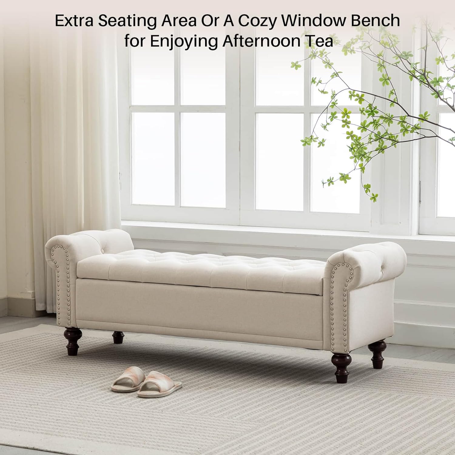 Storage Bench Upholstered Linen End of Bedroom Bed Bench Ottoman with Tufted Cushioned Rolled Arm Large Storage Space for Reading Living Room Entryway, Beige - Grand Goldman