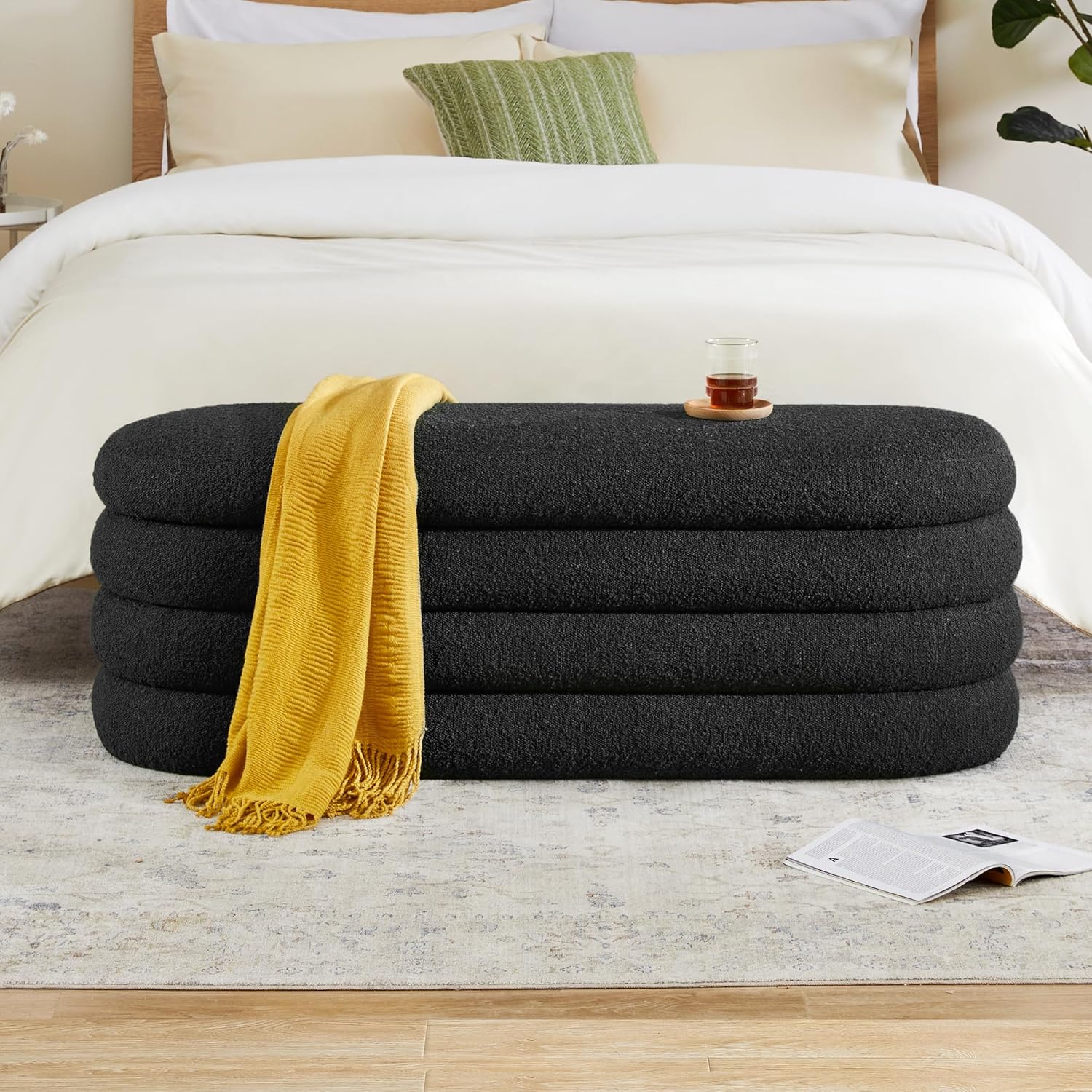 Storage Ottoman Bench 49.2 Inch Upholstered Fabric Storage Bench for Bedroom End of Bed Aesthetic Large Oval Storage Ottoman for Living Room Entryway (Ivory) - Grand Goldman