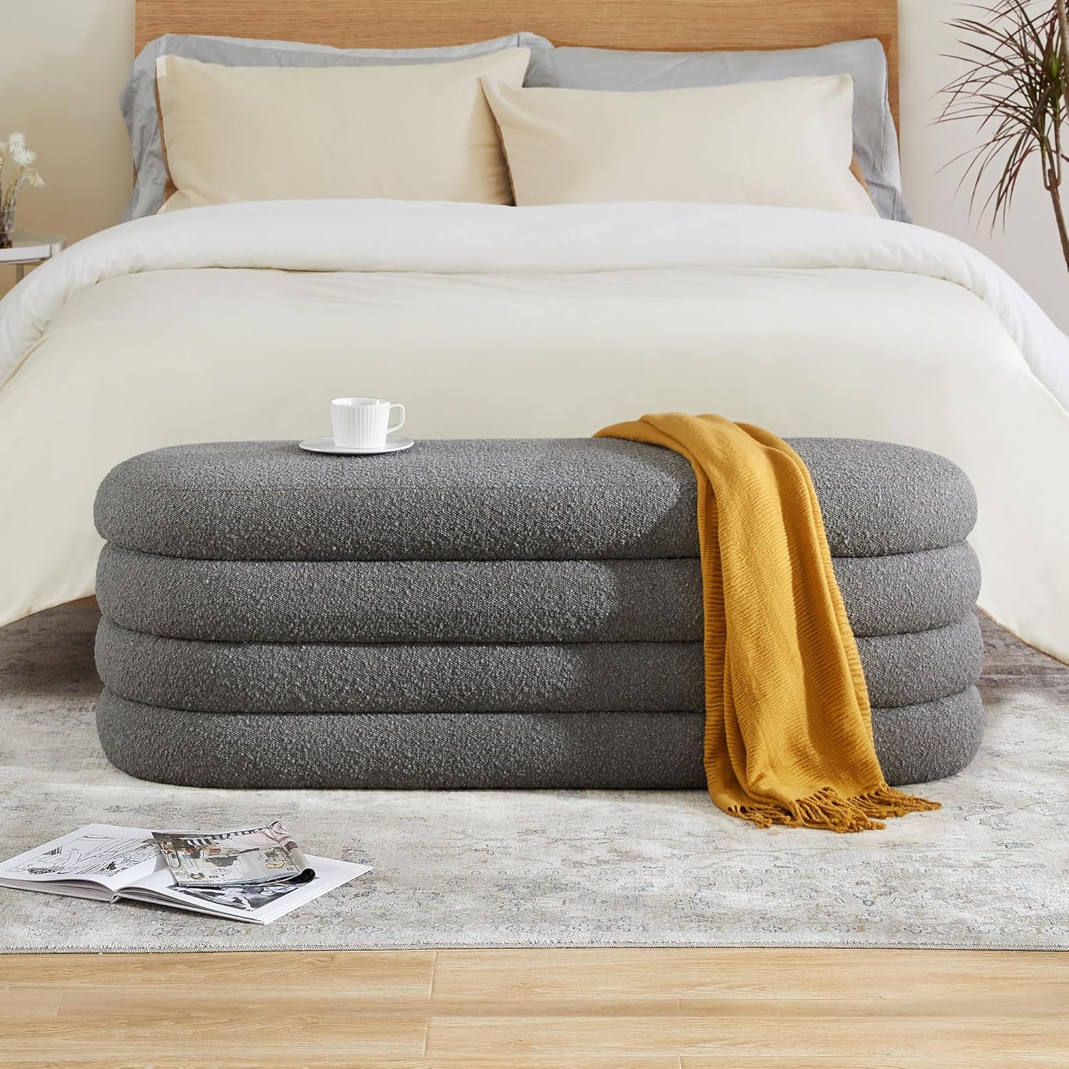 Storage Ottoman Bench 49.2 Inch Upholstered Fabric Storage Bench for Bedroom End of Bed Aesthetic Large Oval Storage Ottoman for Living Room Entryway (Ivory) - Grand Goldman