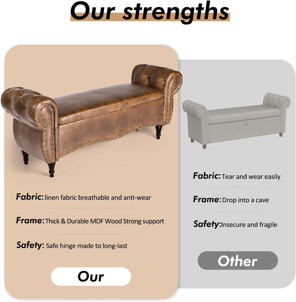 Storage Ottoman Bench, 53" Length Upholstered Bench & Ottoman with Safety Hinge, Tufted Bed Bench with Rolled Arm and Nailhead Trim, End of Bed Storage Bench for Bedroom, Living Room, Entryway - Grand Goldman