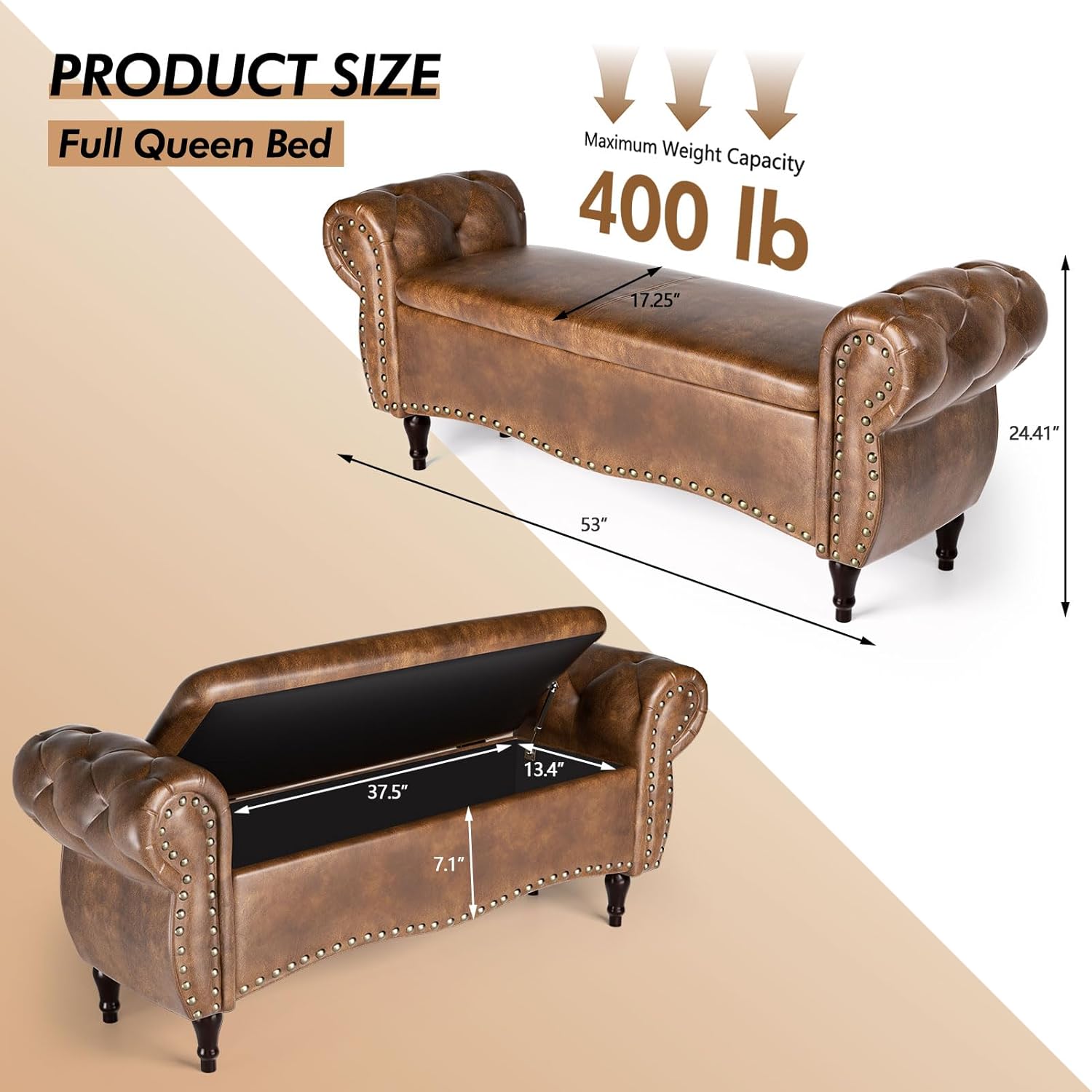 Storage Ottoman Bench, 53" Length Upholstered Bench & Ottoman with Safety Hinge, Tufted Bed Bench with Rolled Arm and Nailhead Trim, End of Bed Storage Bench for Bedroom, Living Room, Entryway - Grand Goldman