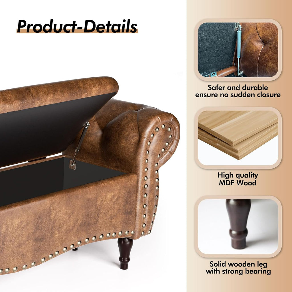 Storage Ottoman Bench, 53" Length Upholstered Bench & Ottoman with Safety Hinge, Tufted Bed Bench with Rolled Arm and Nailhead Trim, End of Bed Storage Bench for Bedroom, Living Room, Entryway - Grand Goldman