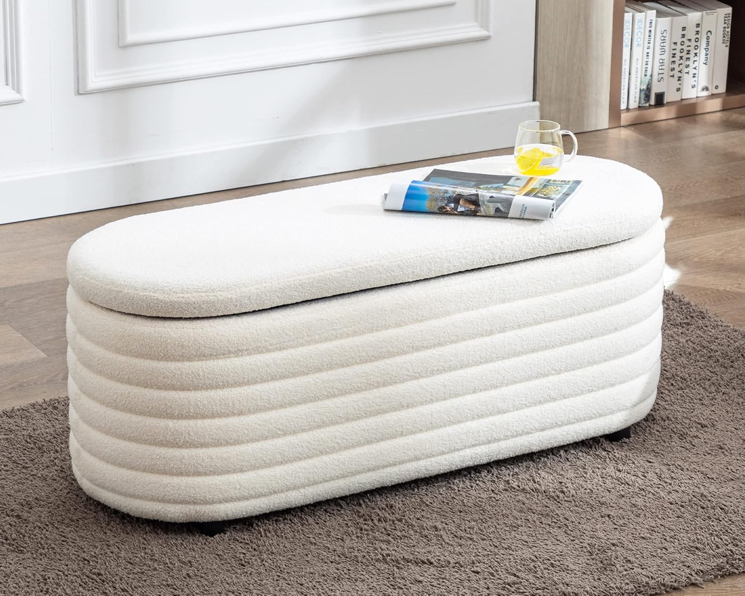 Storage Teddy Ottoman Bench Upholstered Fabric Storage Bench End of Bed Stool with Safety Hinge for Bedroom, Living Room, Entryway, Closet(44.5-inch, White) - Grand Goldman
