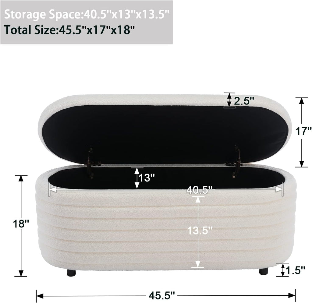 Storage Teddy Ottoman Bench Upholstered Fabric Storage Bench End of Bed Stool with Safety Hinge for Bedroom, Living Room, Entryway, Closet(44.5-inch, White) - Grand Goldman