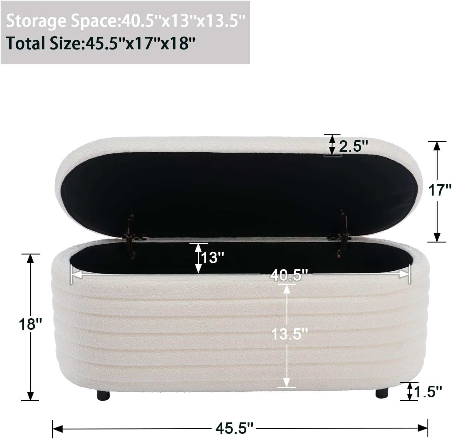 Storage Teddy Ottoman Bench Upholstered Fabric Storage Bench End of Bed Stool with Safety Hinge for Bedroom, Living Room, Entryway, Closet(44.5-inch, White) - Grand Goldman