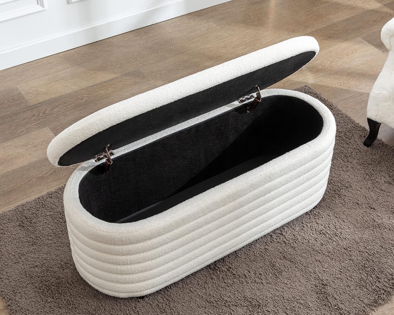 Storage Teddy Ottoman Bench Upholstered Fabric Storage Bench End of Bed Stool with Safety Hinge for Bedroom, Living Room, Entryway, Closet(44.5-inch, White) - Grand Goldman