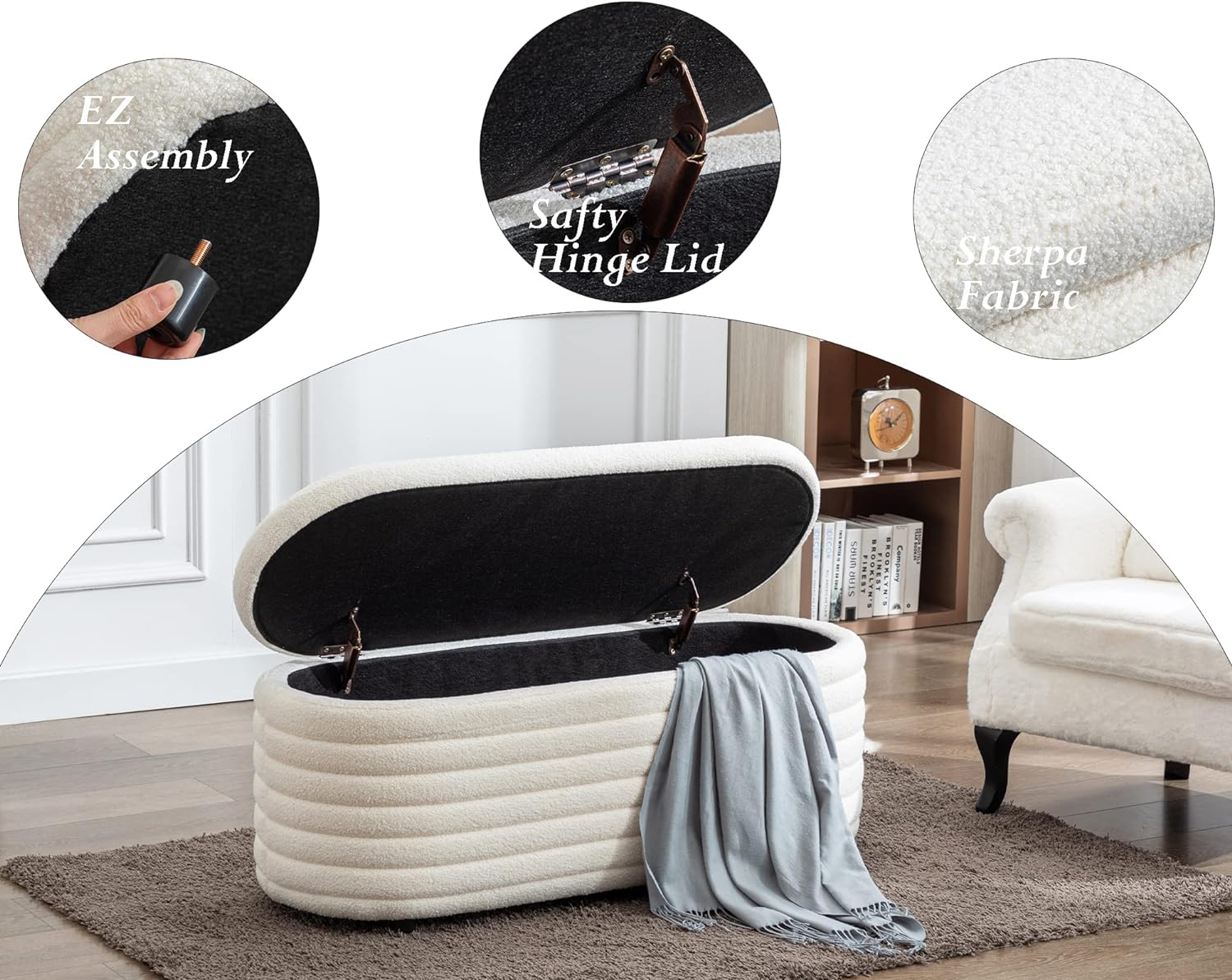 Storage Teddy Ottoman Bench Upholstered Fabric Storage Bench End of Bed Stool with Safety Hinge for Bedroom, Living Room, Entryway, Closet(44.5-inch, White) - Grand Goldman