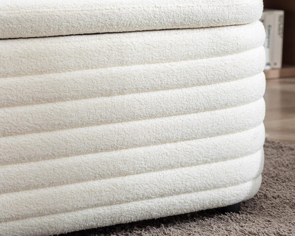 Storage Teddy Ottoman Bench Upholstered Fabric Storage Bench End of Bed Stool with Safety Hinge for Bedroom, Living Room, Entryway, Closet(44.5-inch, White) - Grand Goldman