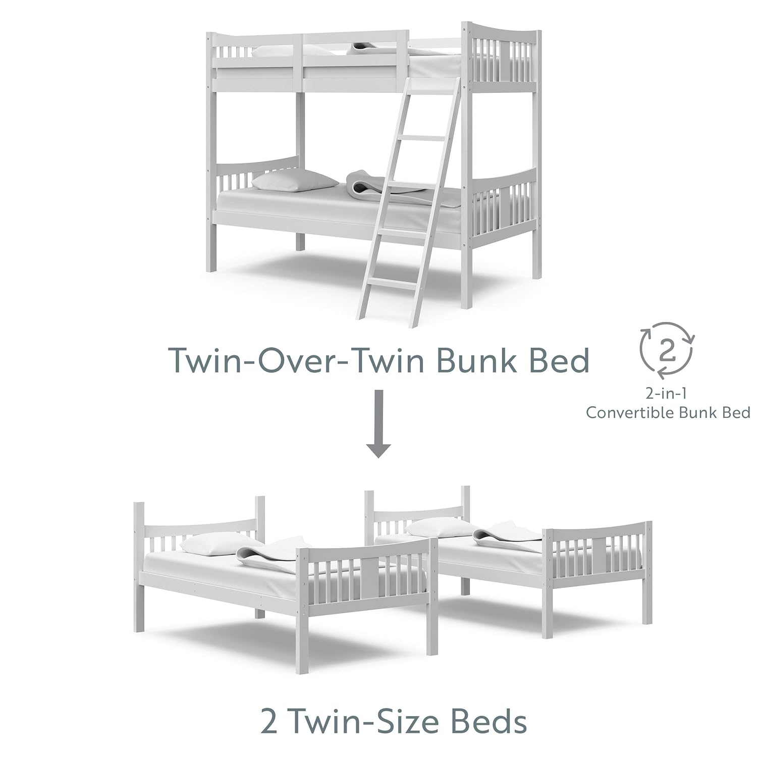 Storkcraft Caribou Bunk Bed Twin Over Twin Bunk Bed (White) - GREENGUARD Gold Certified, Twin Bunk Beds for Kids, Converts to 2 Individual Twin Beds, Bunk Beds for Kids - Grand Goldman