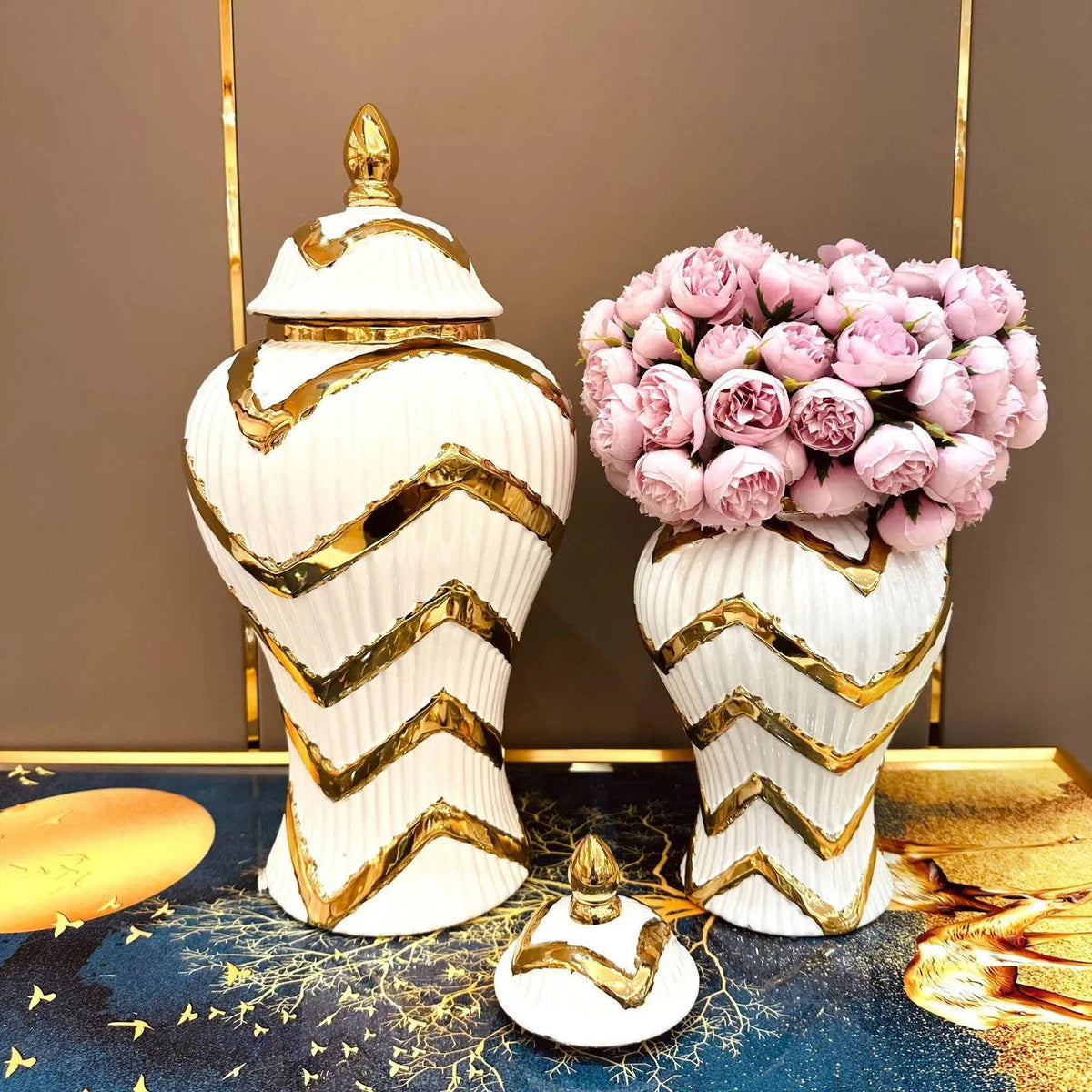 Striped Gold General Can Ceramic Pot Ginger Jar Storage Tank Geometry Porcelain Handicraft Flower Vase Home Decoration - Grand Goldman