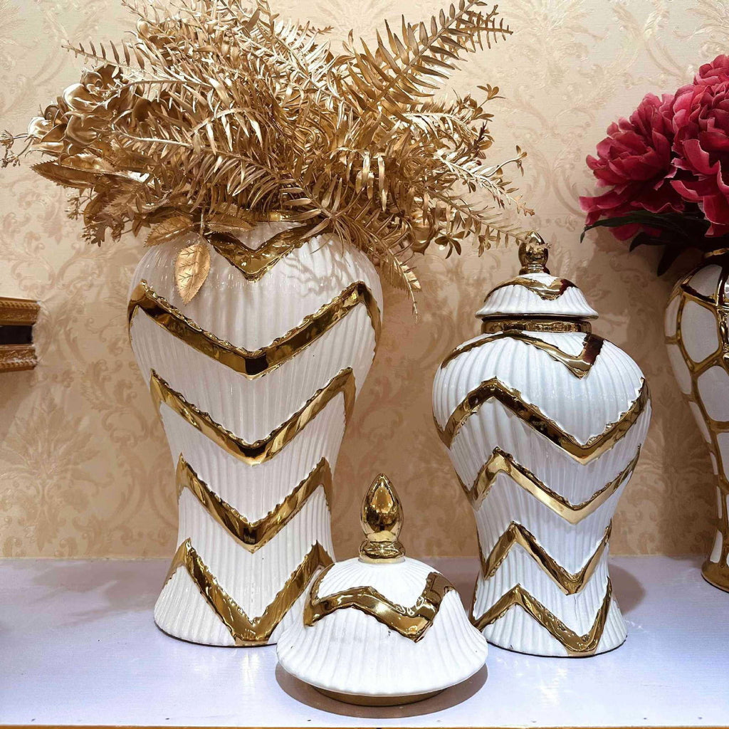 Striped Gold General Can Ceramic Pot Ginger Jar Storage Tank Geometry Porcelain Handicraft Flower Vase Home Decoration - Grand Goldman
