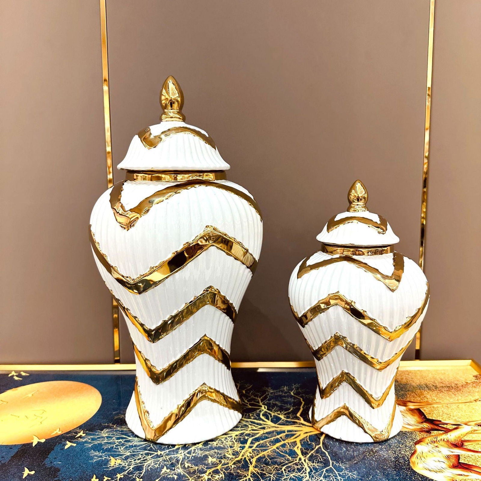 Striped Gold General Can Ceramic Pot Ginger Jar Storage Tank Geometry Porcelain Handicraft Flower Vase Home Decoration - Grand Goldman