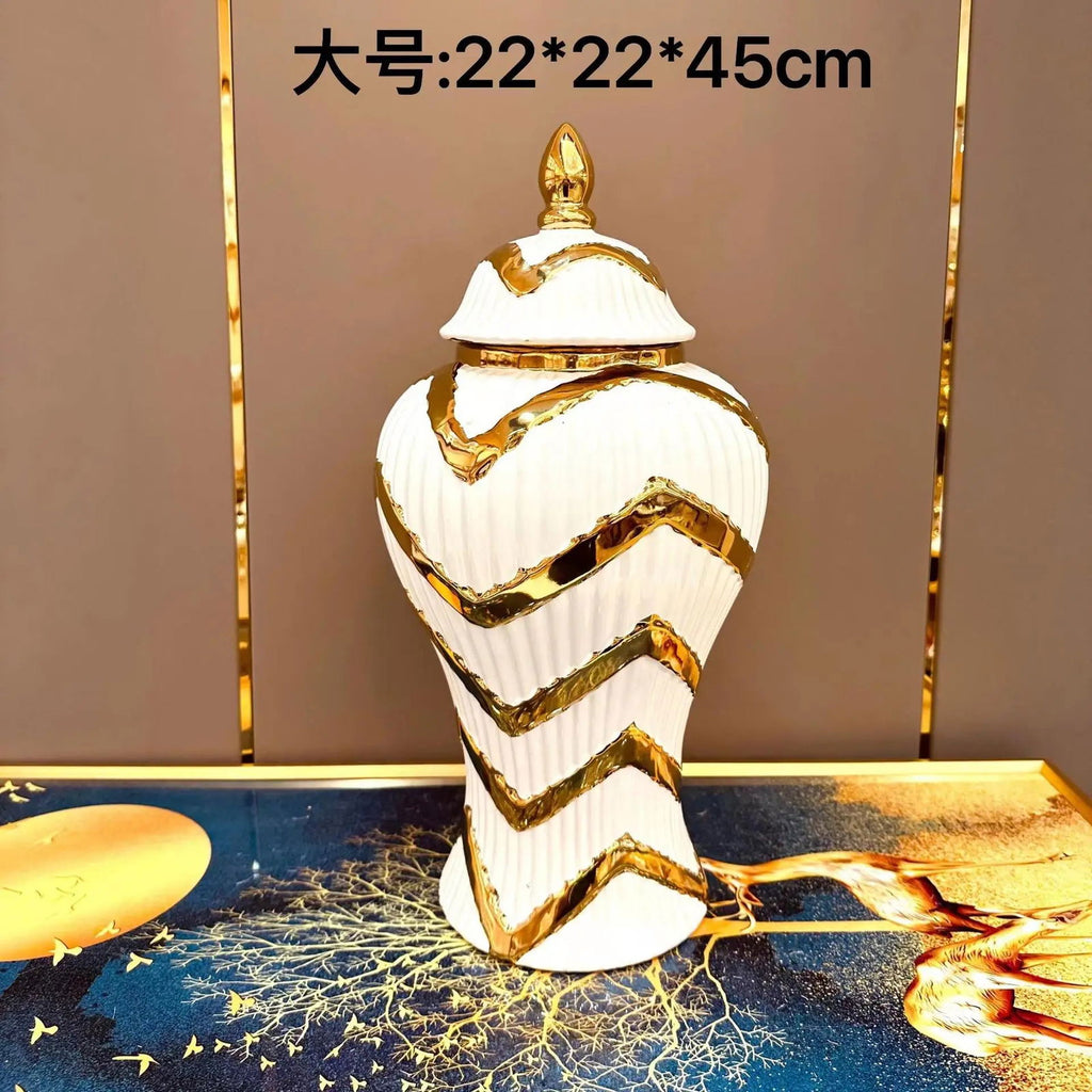Striped Gold General Can Ceramic Pot Ginger Jar Storage Tank Geometry Porcelain Handicraft Flower Vase Home Decoration - Grand Goldman