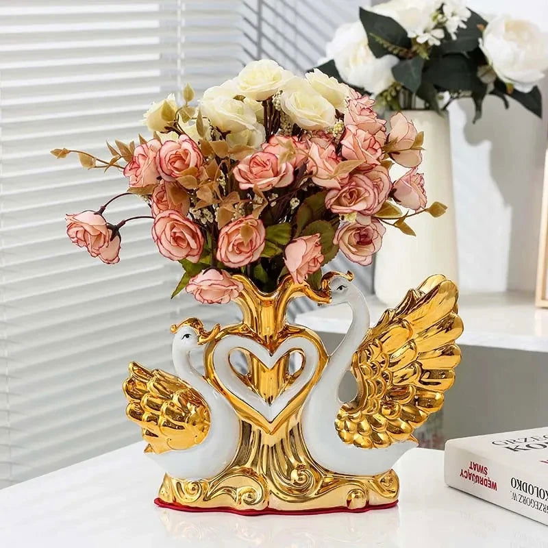 Stunning Ceramic Swan Vase Elegant Tabletop Decor Perfect for Weddings Dining Table Centerpieces Home & Office Decoration Artistic Golden Ceramic European Style Ideal Gift for Valentine's Day Birthdays Christmas - Grand Goldman