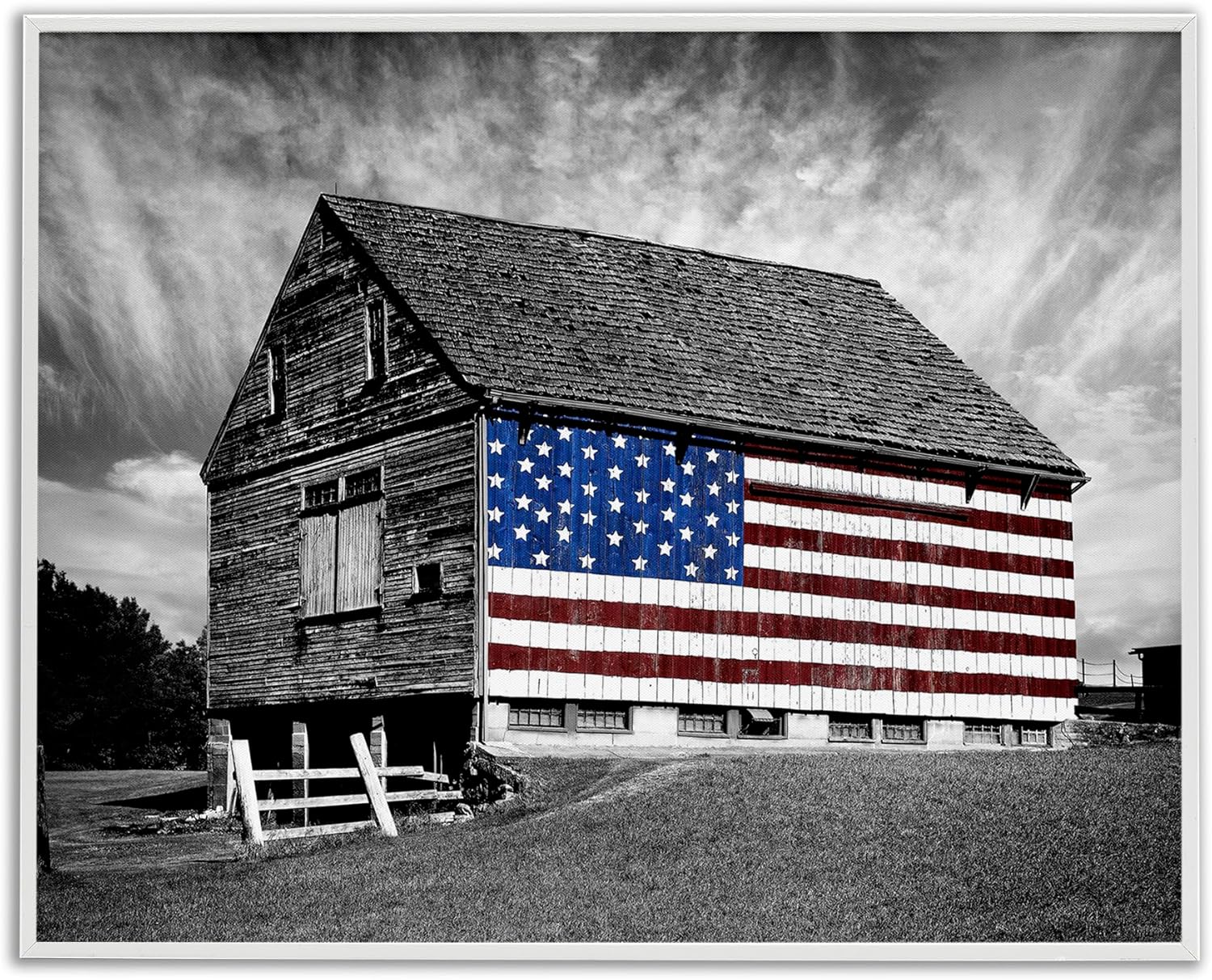 Stupell Industries sca-148-Wall-Art Black and White Farmhouse Barn American Flag, Wall Art, 16 in x 20 in, Design by Artist James Mcloughlin, Gallery Wrapped Canvas - Grand Goldman