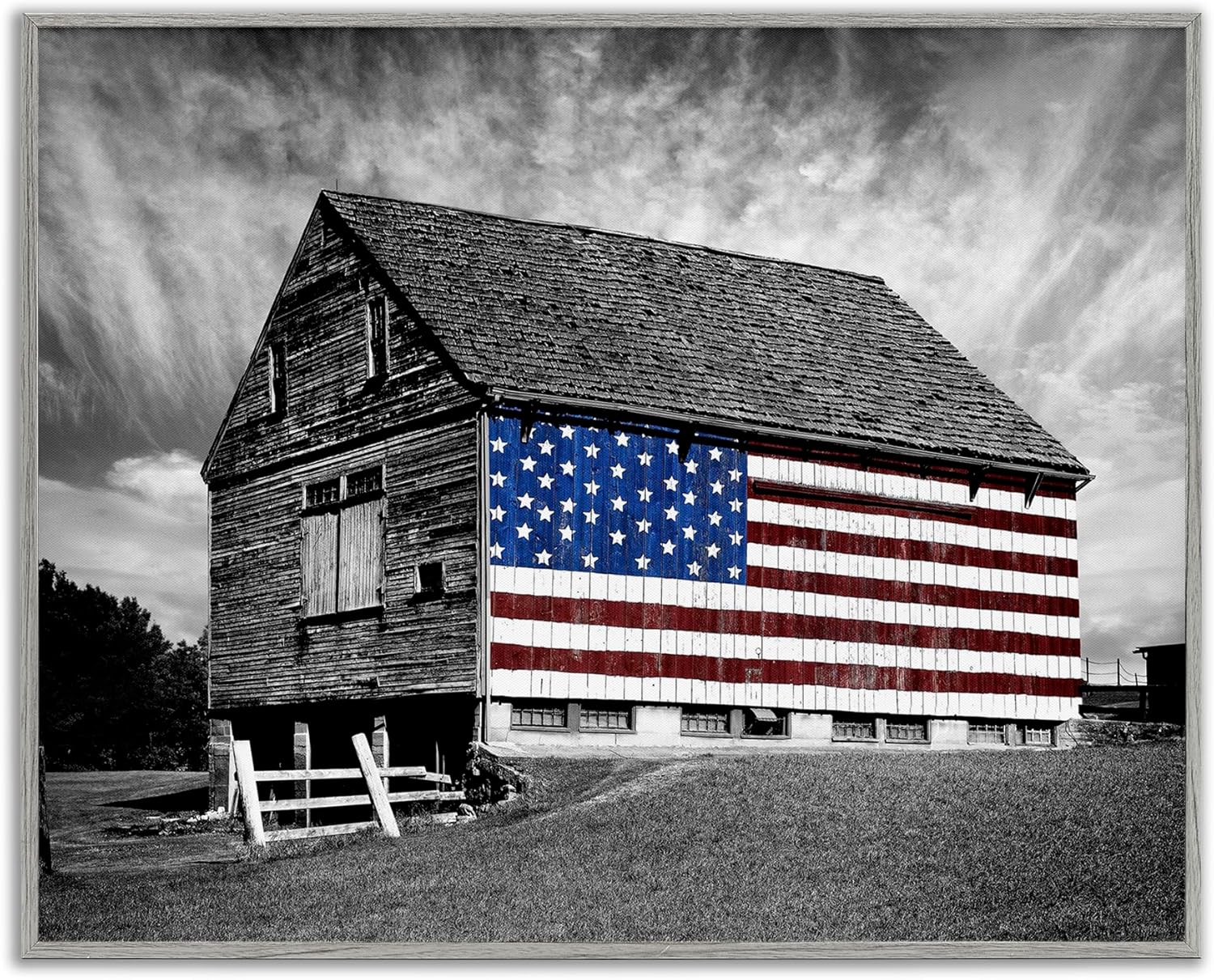 Stupell Industries sca-148-Wall-Art Black and White Farmhouse Barn American Flag, Wall Art, 16 in x 20 in, Design by Artist James Mcloughlin, Gallery Wrapped Canvas - Grand Goldman