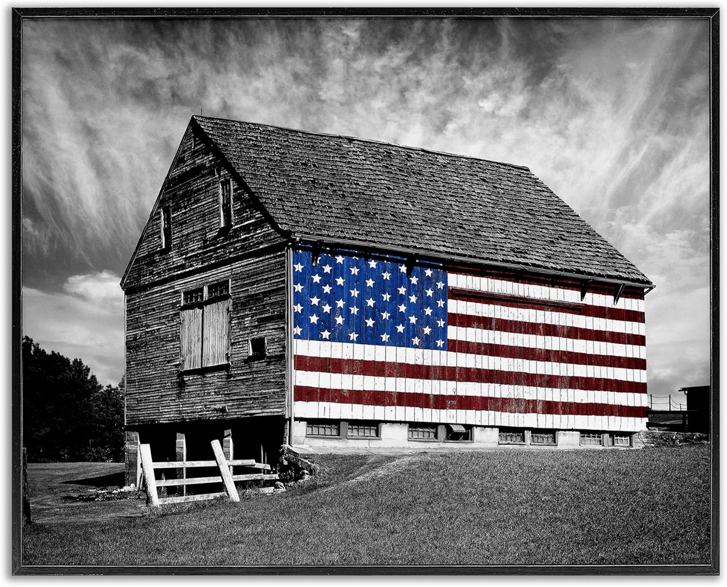 Stupell Industries sca-148-Wall-Art Black and White Farmhouse Barn American Flag, Wall Art, 16 in x 20 in, Design by Artist James Mcloughlin, Gallery Wrapped Canvas - Grand Goldman