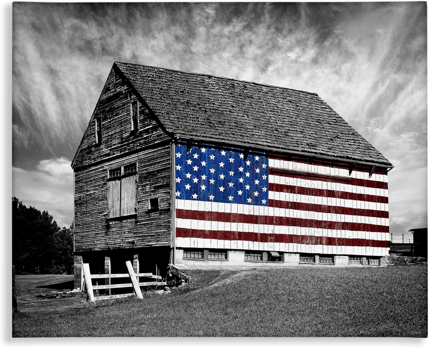 Stupell Industries sca-148-Wall-Art Black and White Farmhouse Barn American Flag, Wall Art, 16 in x 20 in, Design by Artist James Mcloughlin, Gallery Wrapped Canvas - Grand Goldman