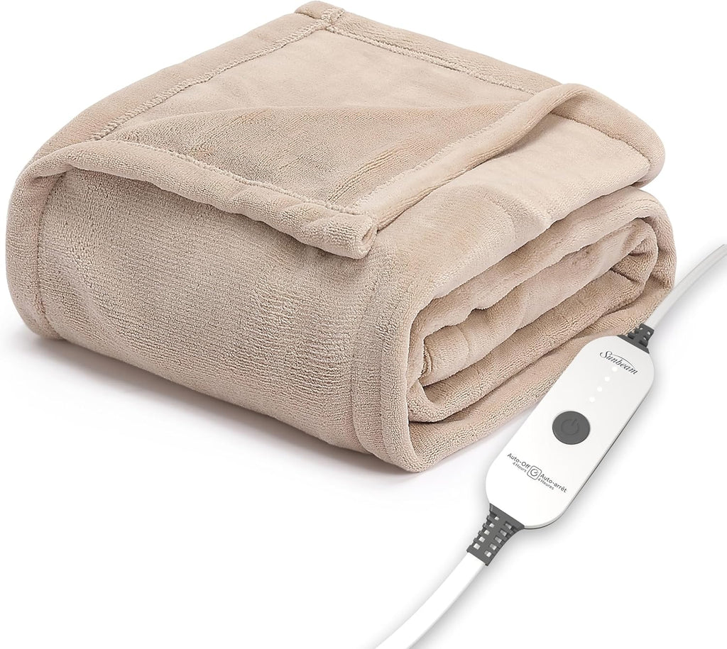 Sunbeam Electric Royal Luxe Microplush Heated Blanket 12 Heat Settings, 12-Hour Selectable Auto Shut-Off, Fast Heating, Warm and Cozy, Sandstone Color, Queen, 90" x 84" - Grand Goldman