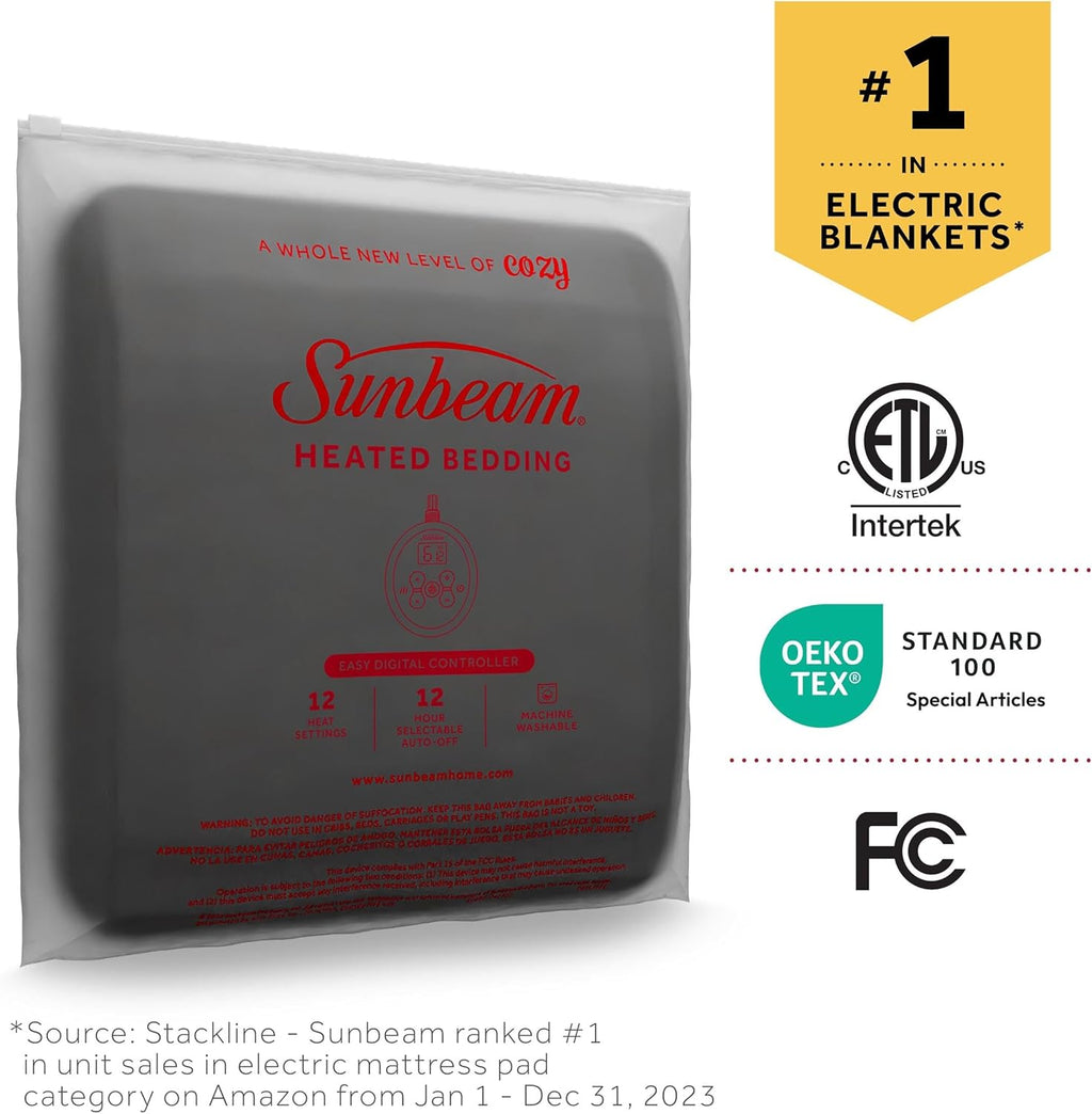 Sunbeam Electric Royal Luxe Microplush Heated Blanket 12 Heat Settings, 12-Hour Selectable Auto Shut-Off, Fast Heating, Warm and Cozy, Sandstone Color, Queen, 90" x 84" - Grand Goldman