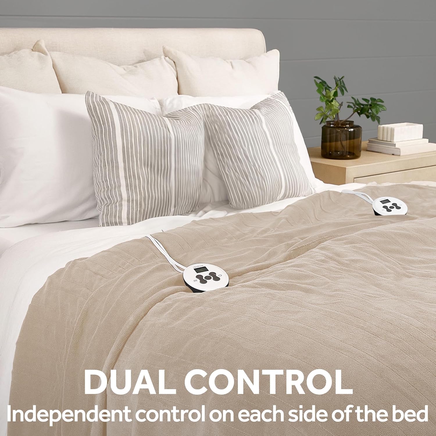 Sunbeam Electric Royal Luxe Microplush Heated Blanket 12 Heat Settings, 12-Hour Selectable Auto Shut-Off, Fast Heating, Warm and Cozy, Sandstone Color, Queen, 90" x 84" - Grand Goldman