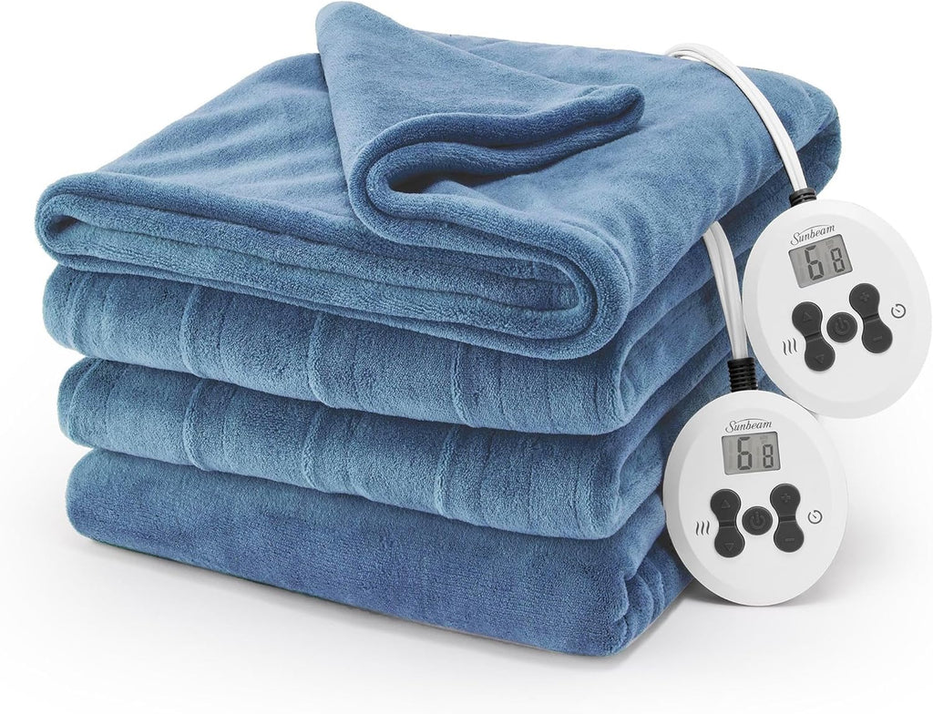 Sunbeam Electric Royal Luxe Microplush Heated Blanket 12 Heat Settings, 12-Hour Selectable Auto Shut-Off, Fast Heating, Warm and Cozy, Sandstone Color, Queen, 90" x 84" - Grand Goldman