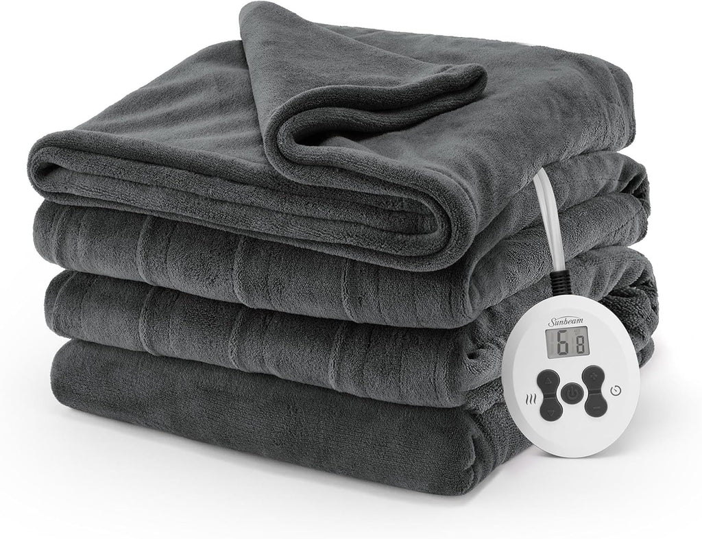 Sunbeam Electric Royal Luxe Microplush Heated Blanket 12 Heat Settings, 12-Hour Selectable Auto Shut-Off, Fast Heating, Warm and Cozy, Sandstone Color, Queen, 90" x 84" - Grand Goldman