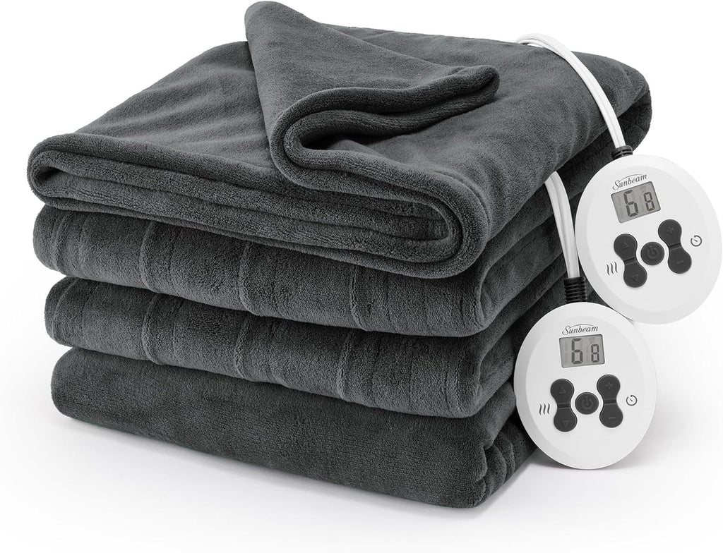 Sunbeam Electric Royal Luxe Microplush Heated Blanket 12 Heat Settings, 12-Hour Selectable Auto Shut-Off, Fast Heating, Warm and Cozy, Sandstone Color, Queen, 90" x 84" - Grand Goldman