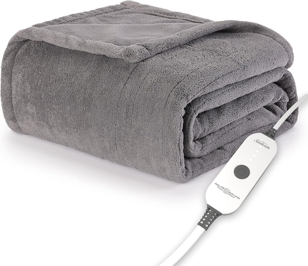 Sunbeam Electric Royal Luxe Microplush Heated Blanket 12 Heat Settings, 12-Hour Selectable Auto Shut-Off, Fast Heating, Warm and Cozy, Sandstone Color, Queen, 90" x 84" - Grand Goldman