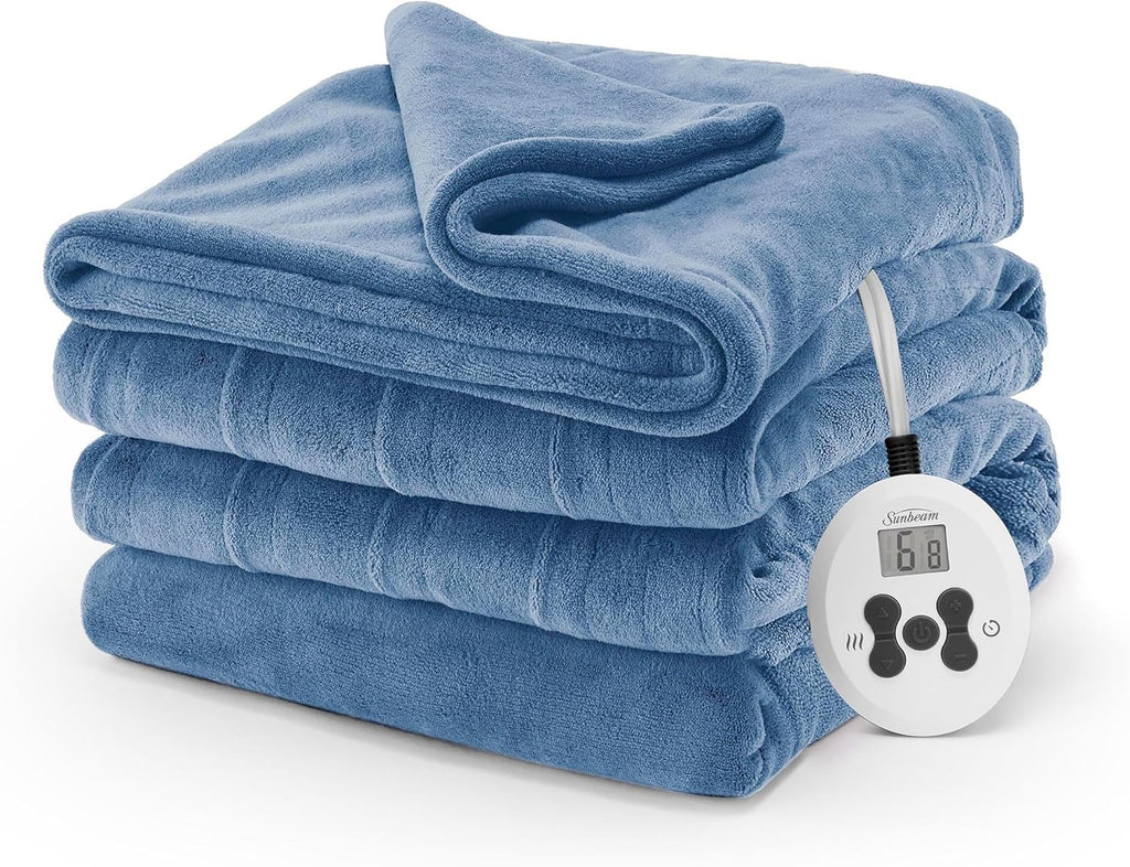 Sunbeam Electric Royal Luxe Microplush Heated Blanket 12 Heat Settings, 12-Hour Selectable Auto Shut-Off, Fast Heating, Warm and Cozy, Sandstone Color, Queen, 90" x 84" - Grand Goldman