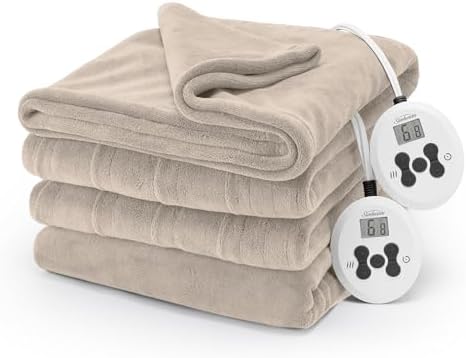 Sunbeam Electric Royal Luxe Microplush Heated Blanket 12 Heat Settings, 12-Hour Selectable Auto Shut-Off, Fast Heating, Warm and Cozy, Sandstone Color, Queen, 90" x 84" - Grand Goldman