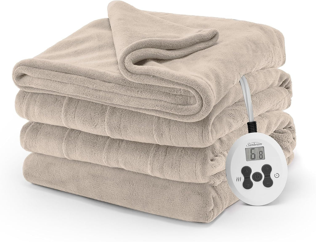 Sunbeam Electric Royal Luxe Microplush Heated Blanket 12 Heat Settings, 12-Hour Selectable Auto Shut-Off, Fast Heating, Warm and Cozy, Sandstone Color, Queen, 90" x 84" - Grand Goldman