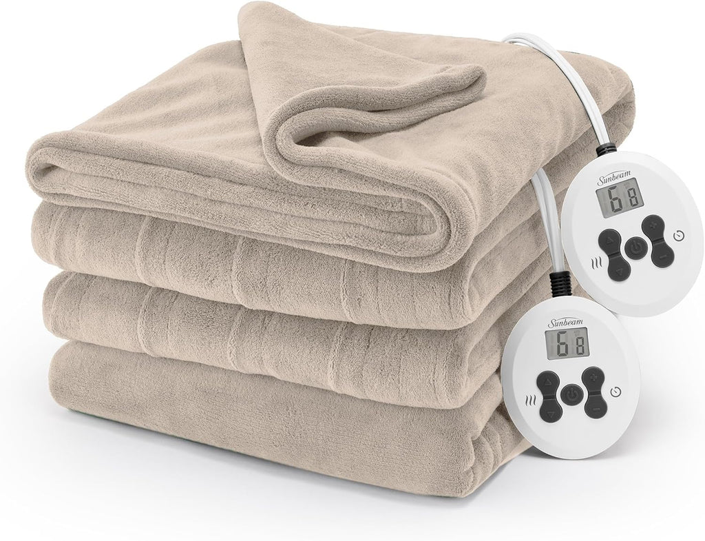 Sunbeam Electric Royal Luxe Microplush Heated Blanket 12 Heat Settings, 12-Hour Selectable Auto Shut-Off, Fast Heating, Warm and Cozy, Sandstone Color, Queen, 90" x 84" - Grand Goldman