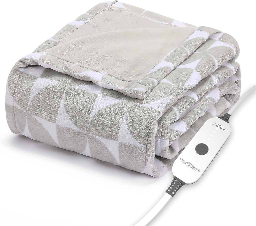 Sunbeam Electric Royal Luxe Microplush Heated Blanket 12 Heat Settings, 12-Hour Selectable Auto Shut-Off, Fast Heating, Warm and Cozy, Sandstone Color, Queen, 90" x 84" - Grand Goldman