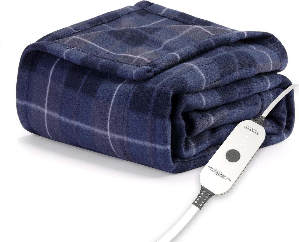 Sunbeam Royal Ultra Fleece Heated Electric Blanket Twin Size, 84" x 62", 12 Heat Settings, 12-Hour Selectable Auto Shut-Off, Fast Heating, Machine Washable, Warm and Cozy, Indigo - Grand Goldman
