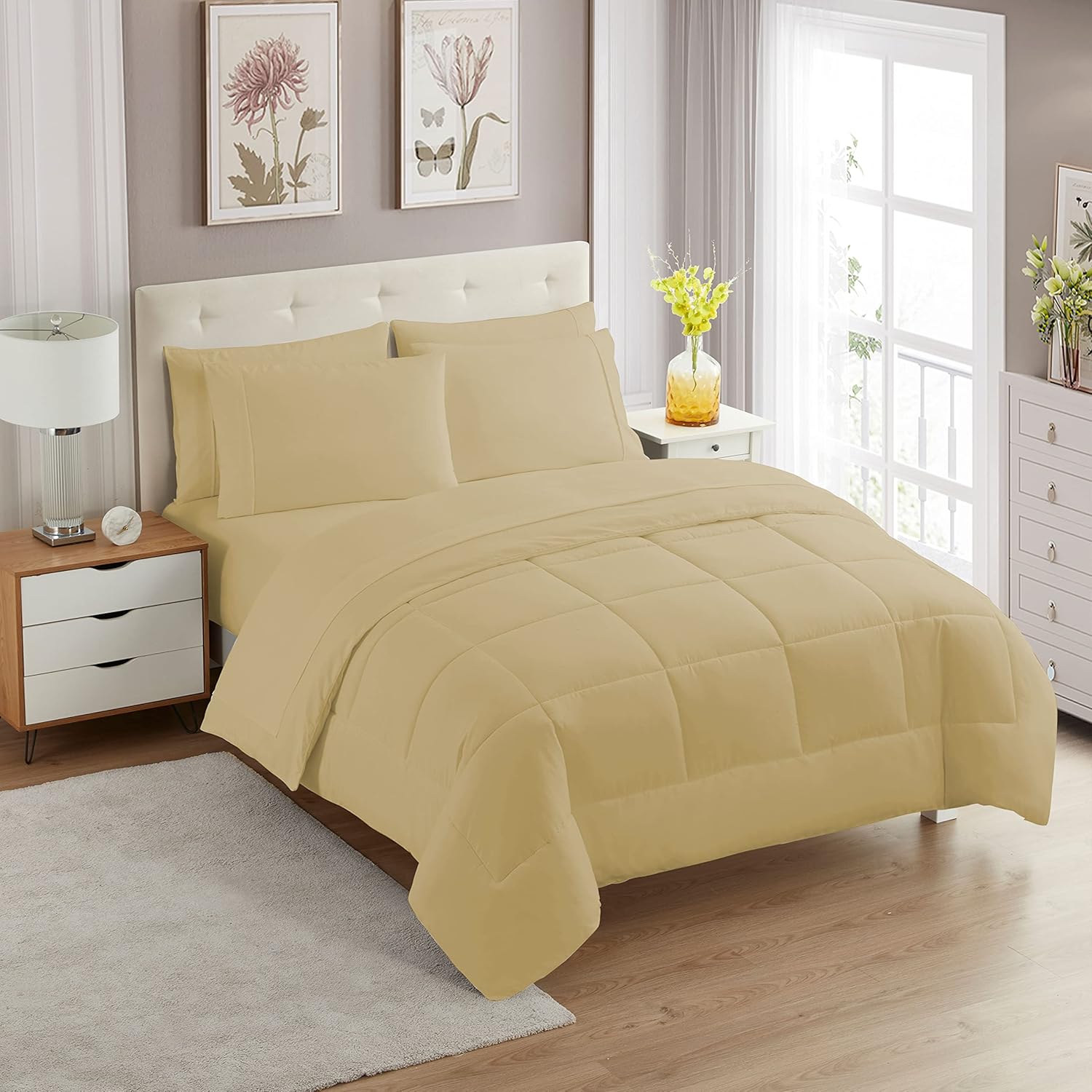 Sweet Home Collection 5 Piece Comforter Set Bag Solid Color All Season Soft Down Alternative Blanket & Luxurious Microfiber Bed Sheets, Gray, Twin - Grand Goldman