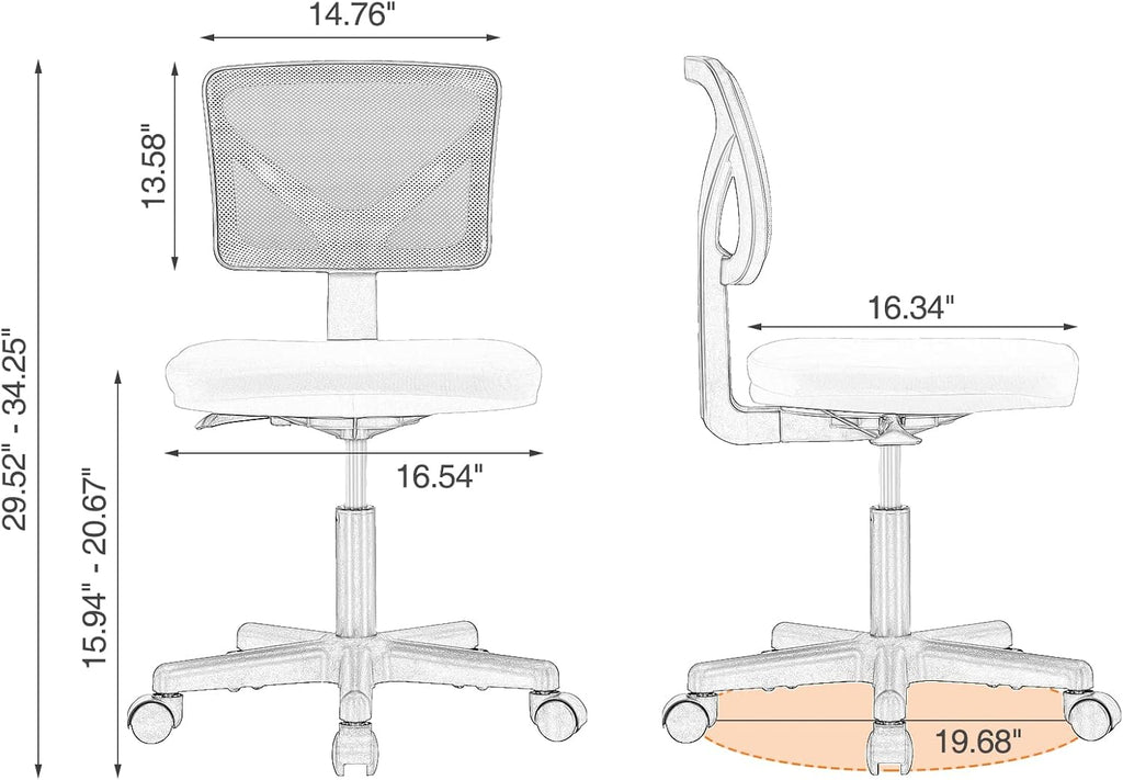 Sweetcrispy Armless Desk Chairs, Ergonomic Low Back Computer Chair No Arms, Adjustable Rolling Mesh Task Work Swivel Chairs with Wheels Work Vanity Chair for Small Spaces Home Bedroom Study, Grey - Grand Goldman