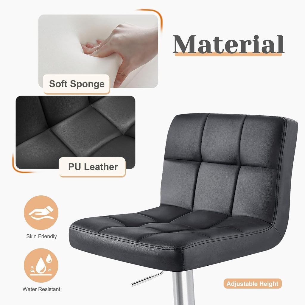 Sweetcrispy Bar Stools Set of 4, PU Leather Adjustable Swivel Barstools, Armless Hydraulic Kitchen Counter Height Bar Stools, Thickened Seat Cushion Square Island Barstools with Back, Black - Grand Goldman