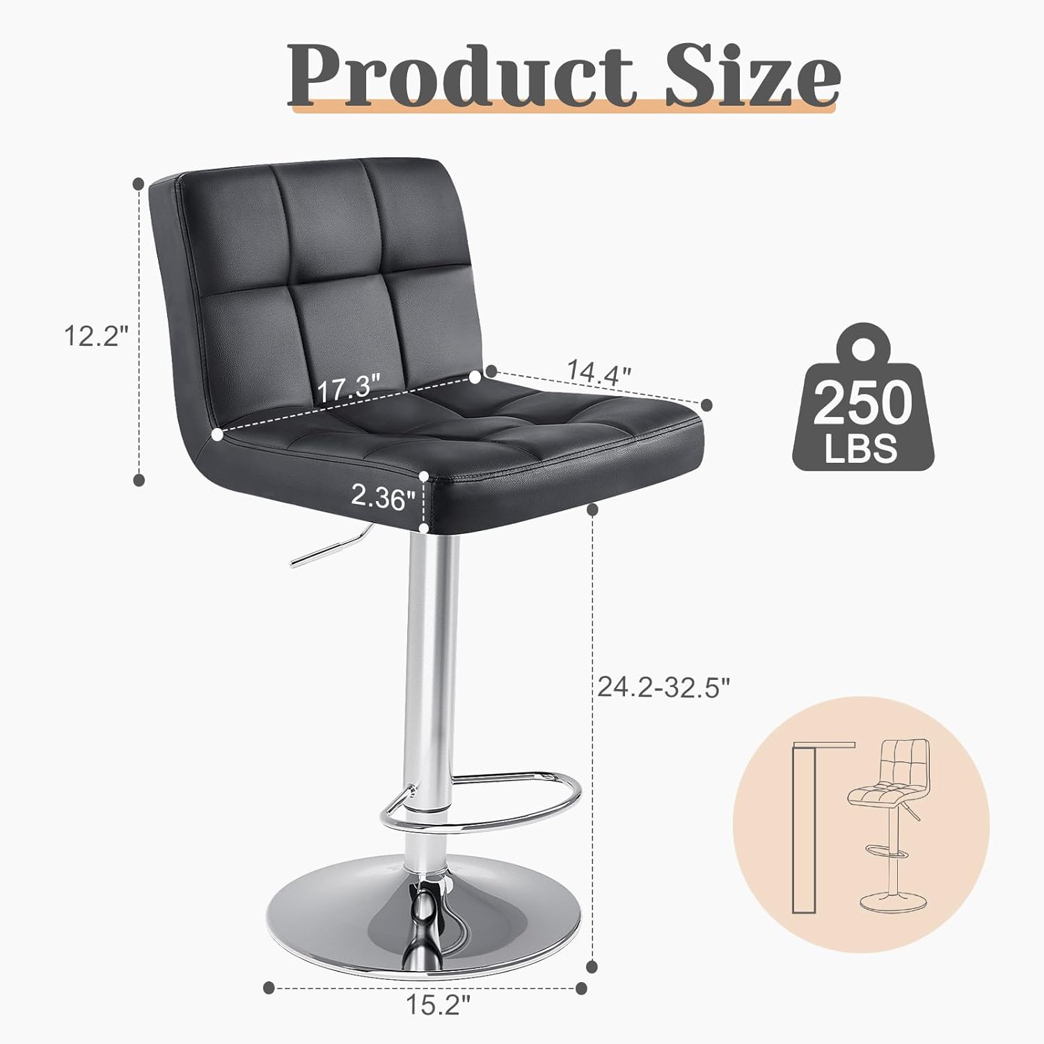 Sweetcrispy Bar Stools Set of 4, PU Leather Adjustable Swivel Barstools, Armless Hydraulic Kitchen Counter Height Bar Stools, Thickened Seat Cushion Square Island Barstools with Back, Black - Grand Goldman